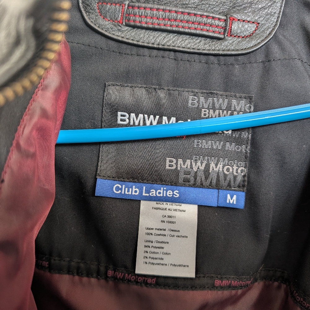 BMW Black Leather Jacket with Red and White Sleeve Stripes - Picture 3 of 4